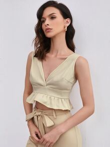 SHEIN Frenchy 後拉鏈荷葉邊下擺背心短版上衣 - 米色 - 查看 4