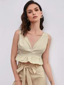 SHEIN Frenchy 後拉鏈荷葉邊下擺背心短版上衣 - 米色 - 查看 5
