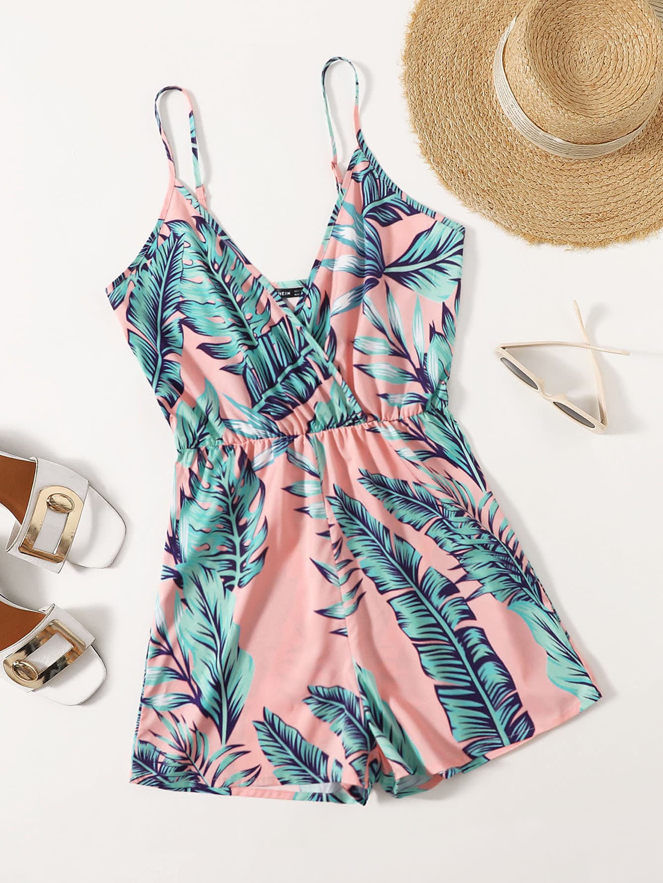 Soleia Wrap Detail Tropical Print Cami Romper - Multicolor - View 1