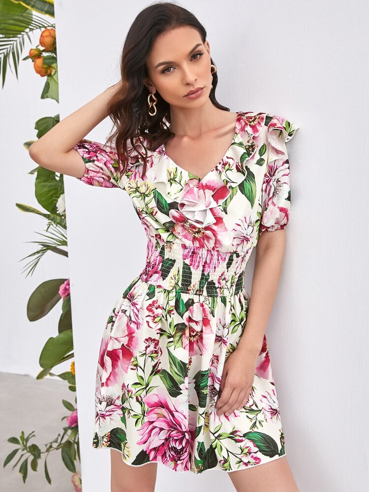 SHEIN Frenchy Ruffle Trim Puff Sleeve Shirred Waist Floral Dress - Multicolor - View 5