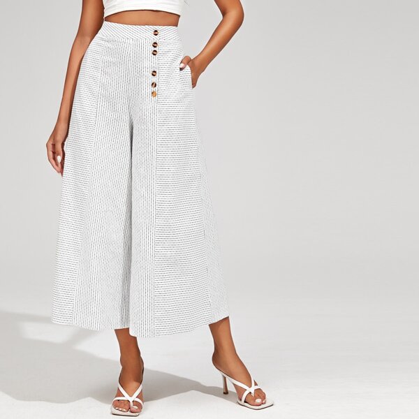 

High Waist Button Front Striped Wide Leg Cropped Pants, White