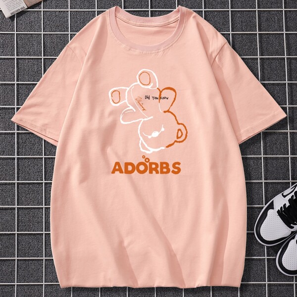 

Men Cartoon And Slogan Graphic Tee, Baby pink
