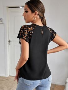 Blusas Encaje en contraste Liso Casual - Negro - Ver 2
