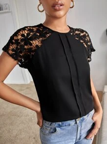 Blusas Encaje en contraste Liso Casual - Negro - Ver 3