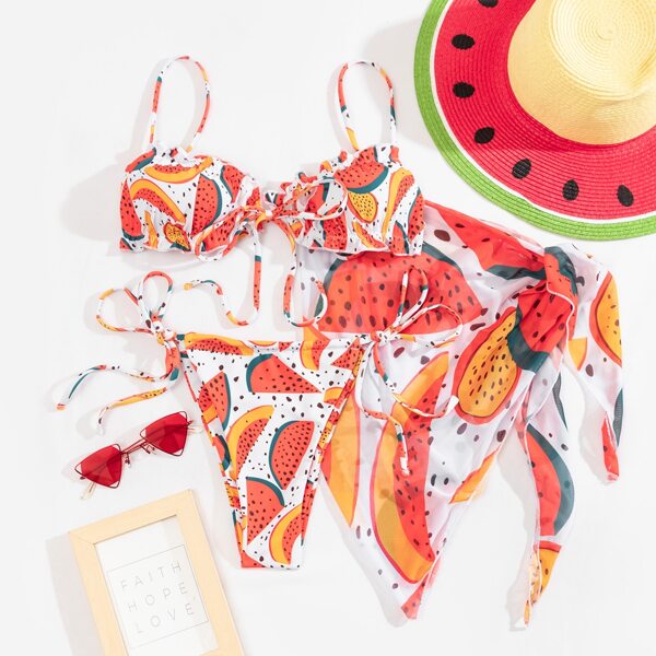 

3pack Fruit Print Thong Bikini Swimsuit & Beach Skirt, Multicolor