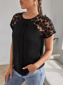 Blusas Encaje en contraste Liso Casual - Negro - Ver 4