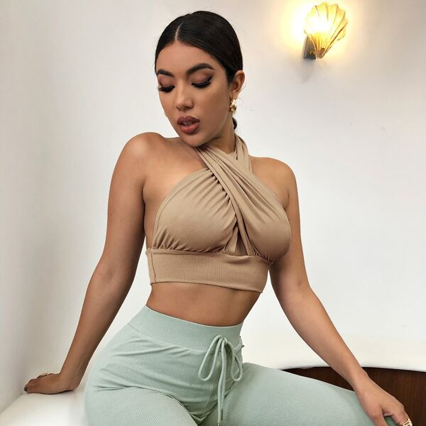 

Open Back Crisscross Halter Top, Khaki