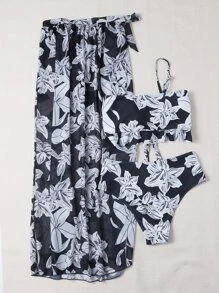 3 件装花卉印花前结比基尼套装和沙滩裙，适合夏季度假 - 黑與白 - 查看 2