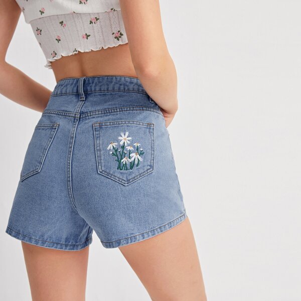 

Floral Embroidered Light Wash Denim Shorts, Medium wash