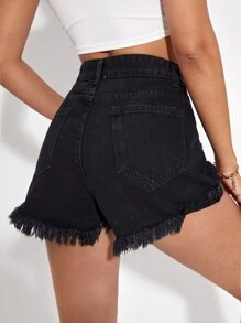 SHEIN EZwear 破洞毛邊牛仔短褲 - 黑色 - 查看 2