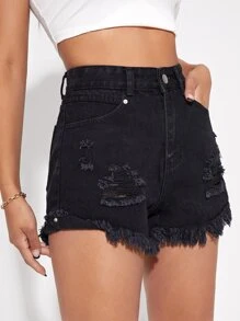 SHEIN EZwear 破洞毛邊牛仔短褲 - 黑色 - 查看 3