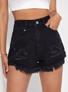 SHEIN EZwear 破洞毛邊牛仔短褲 - 黑色 - 查看 4