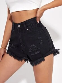SHEIN EZwear 破洞毛邊牛仔短褲 - 黑色 - 查看 5