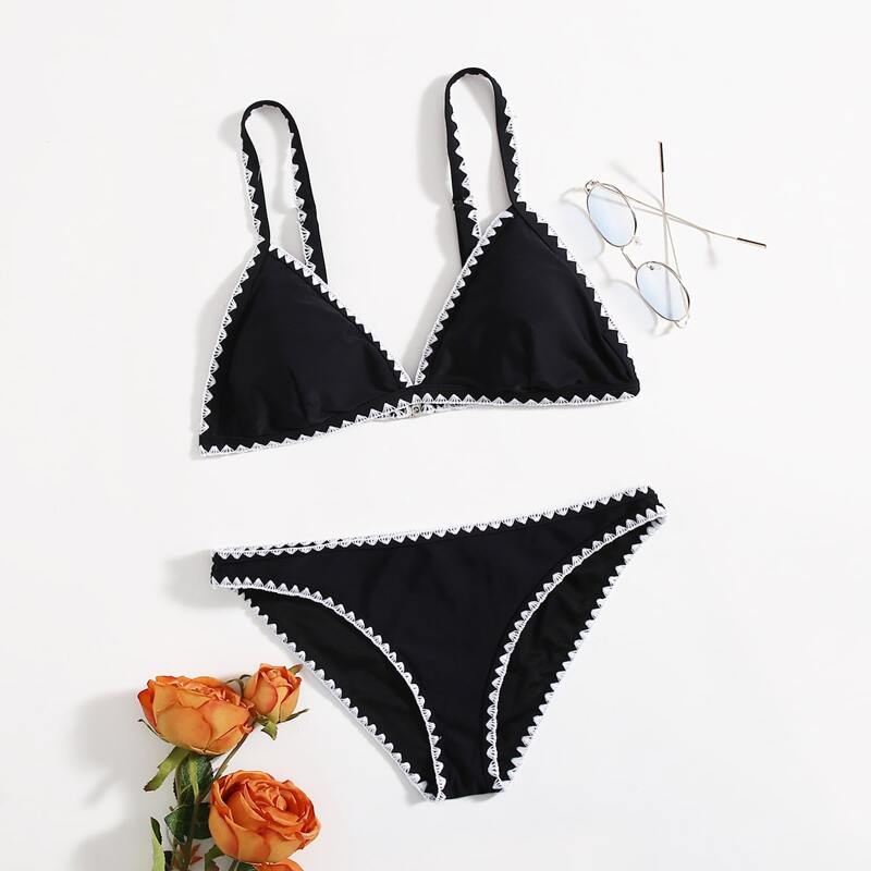 

Geometric Trim Bikini Swimsuit, Black and white