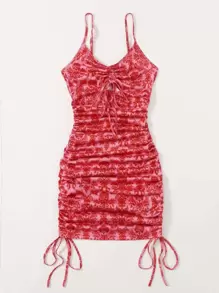 Soleia Drawstring Ruched Bodycon Dress - Red - View 3