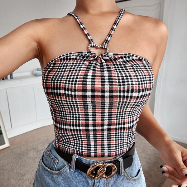 

Rhinestone Heart Ring Plaid Cami Top, Multicolor