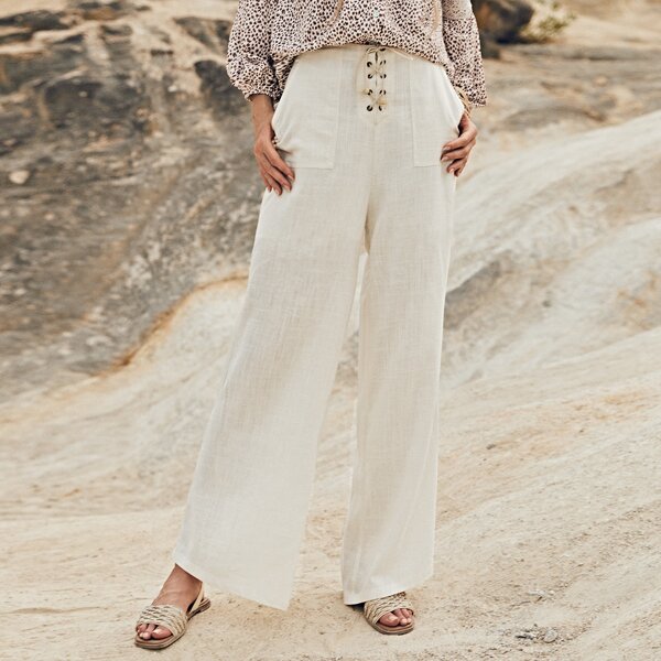 

Lace Up Waist Pocket Front Pants, Beige