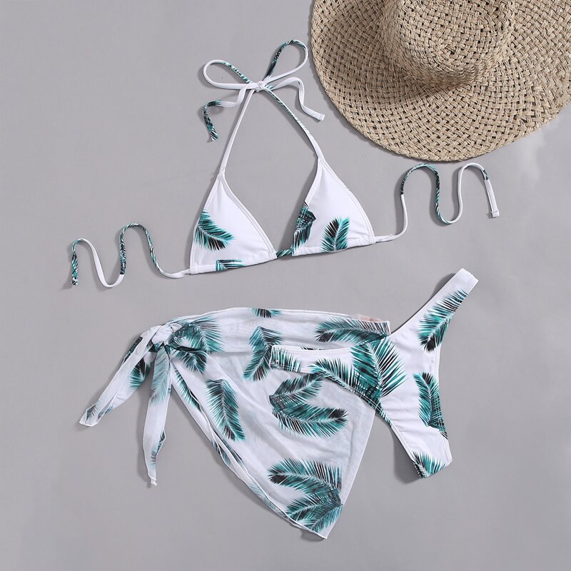 

3pack Leaf Print Bikini Swimsuit With Beach Skirt, Multicolor