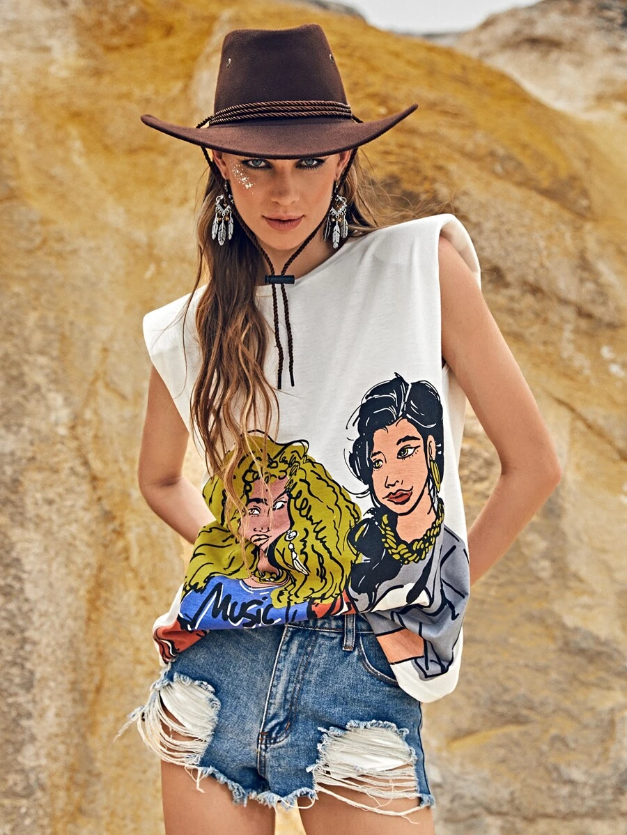 SHEIN VCAY Shoulder Pad Figure Graphic Tank Top - White - View 1