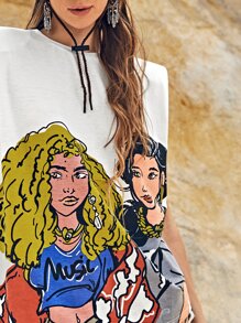 SHEIN VCAY Shoulder Pad Figure Graphic Tank Top - White - View 3