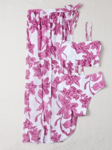 3 件装花卉印花前结比基尼套装和沙滩裙，适合夏季度假 - 彩色 - 查看 2
