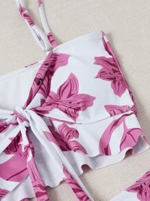3 件装花卉印花前结比基尼套装和沙滩裙，适合夏季度假 - 彩色 - 查看 3