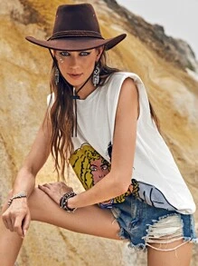 SHEIN VCAY Shoulder Pad Figure Graphic Tank Top - White - View 6