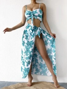 SHEIN Swim 夏季海灘三入組花朵前結束比基尼套裝和沙灘裙 - 彩色 - 查看 1