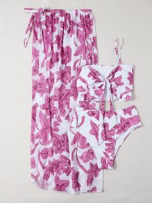 3 件装花卉印花前结比基尼套装和沙滩裙，适合夏季度假 - 彩色 - 查看 5