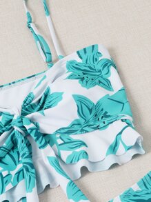 SHEIN Swim 夏季海灘三入組花朵前結束比基尼套裝和沙灘裙 - 彩色 - 查看 3