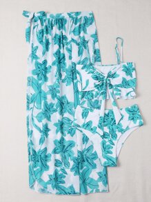 SHEIN Swim 夏季海灘三入組花朵前結束比基尼套裝和沙灘裙 - 彩色 - 查看 5