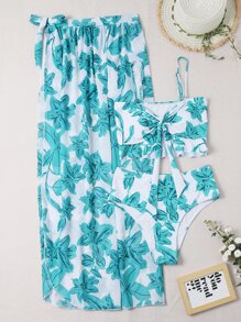 SHEIN Swim 夏季海灘三入組花朵前結束比基尼套裝和沙灘裙 - 彩色 - 查看 6