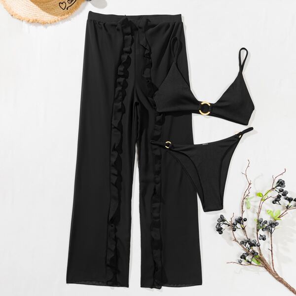 

3pack Ring Linked Thong Bikini Swimsuit & Cover Up, Black