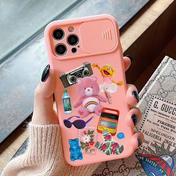 

Bear Print Phone Case With Slide Camera Cover, Coral pink