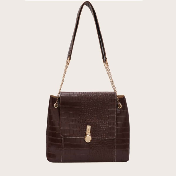 

Croc Embossed Chain Shoulder Bag, Coffee brown