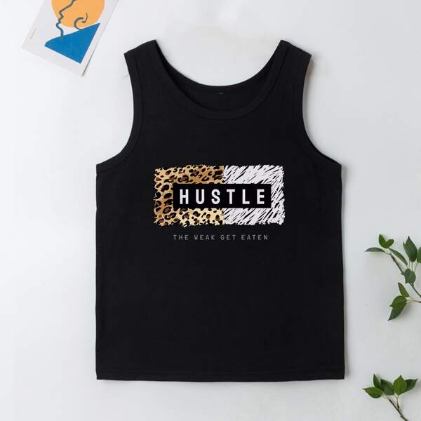 

Girls Leopard & Letter Graphic Tank Top, Black