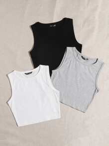 SHEIN EZwear 3 Packs Round Neck Tank Top - Multicolor - View 3