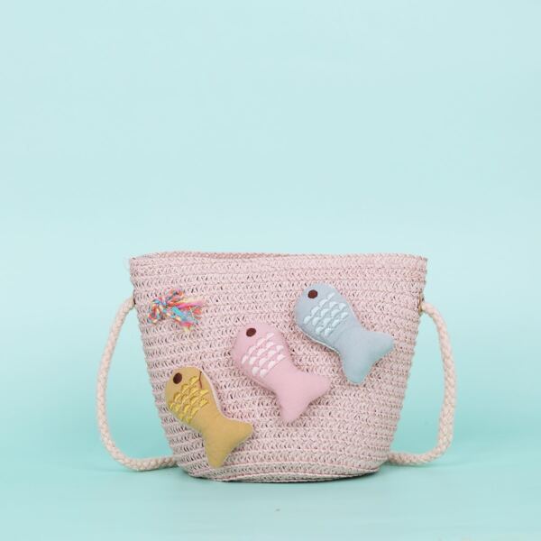 

Girls Cartoon Fish Decor Straw Bag, Baby pink