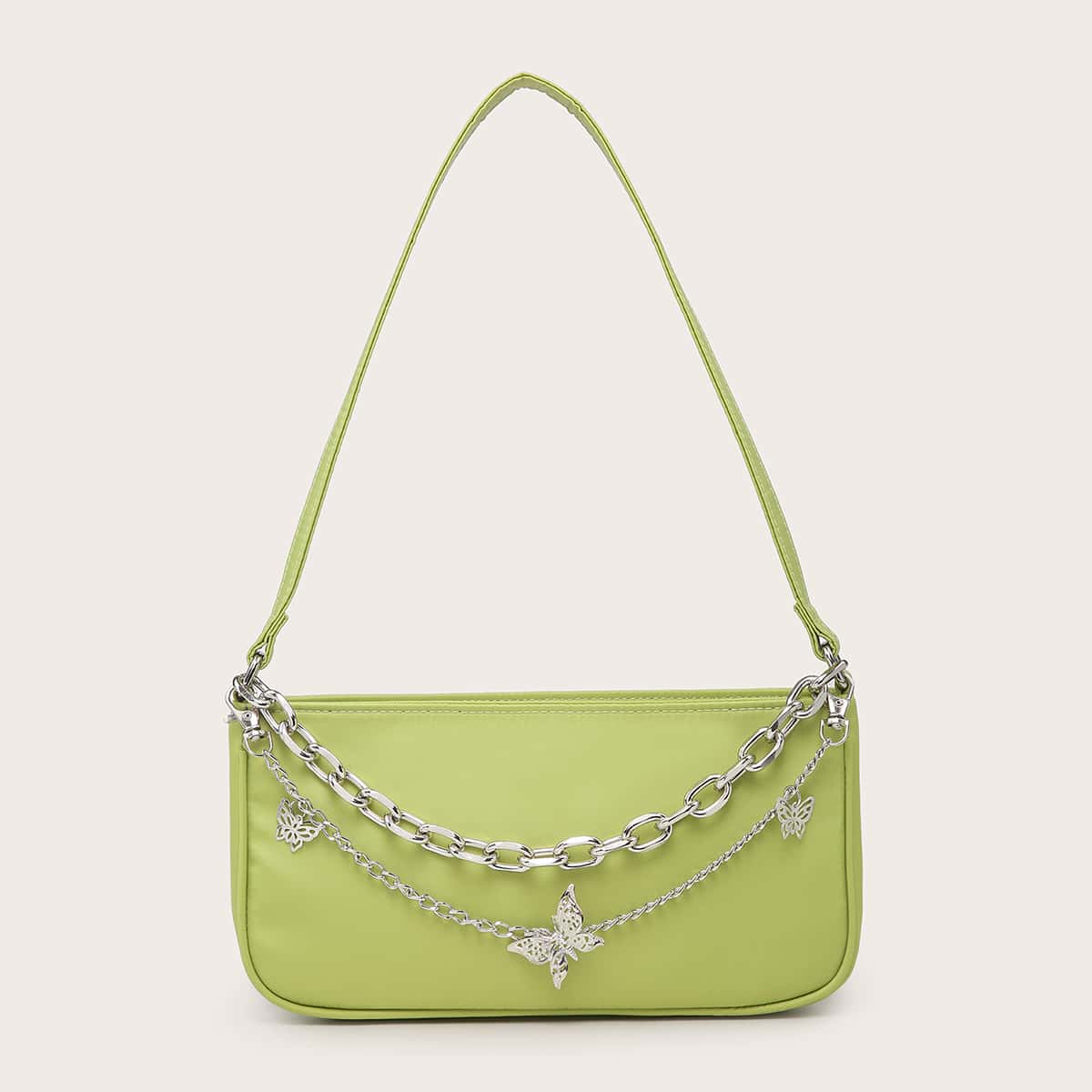 

Butterfly Chain Solid Baguette Bag, Green