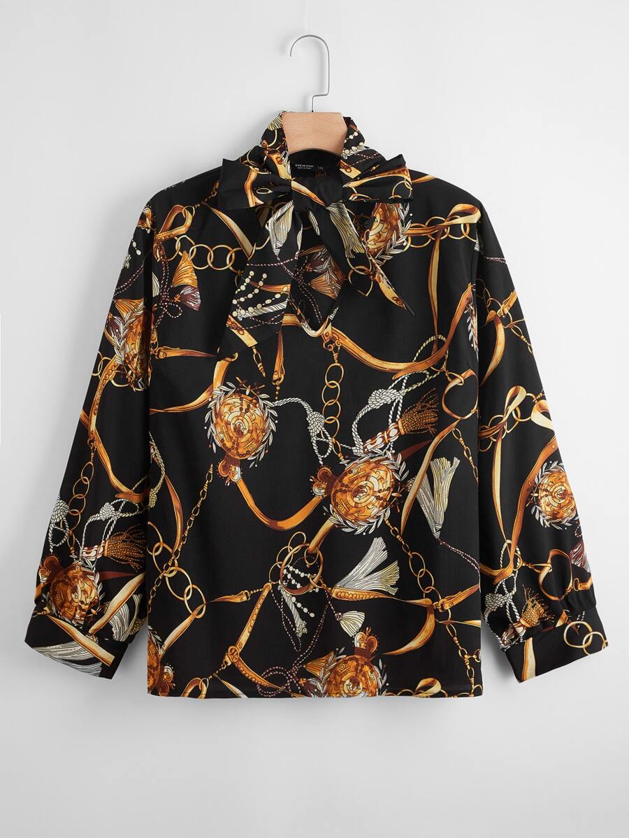 Camisa de cuello con cordón con estampado de cadena - Negro - Ver 1