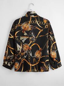 Camisa de cuello con cordón con estampado de cadena - Negro - Ver 2