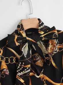 Camisa de cuello con cordón con estampado de cadena - Negro - Ver 3