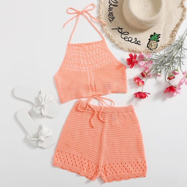 

Solid Backless Halter Knit Top & Shorts Set, Coral orange