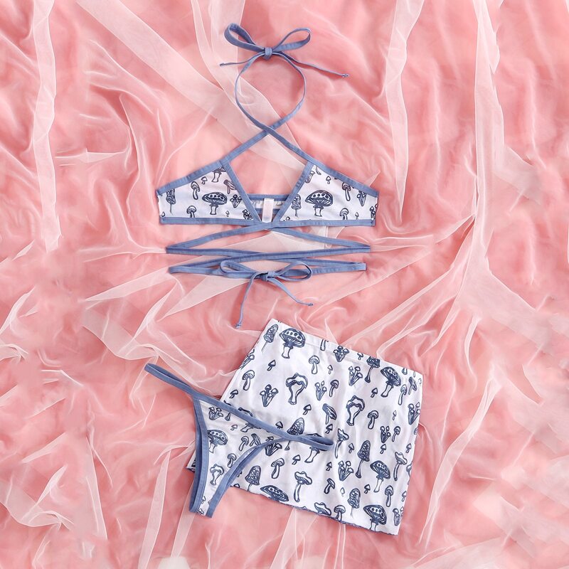 

3pack Mushroom Lingerie Set With Skirt, Multicolor