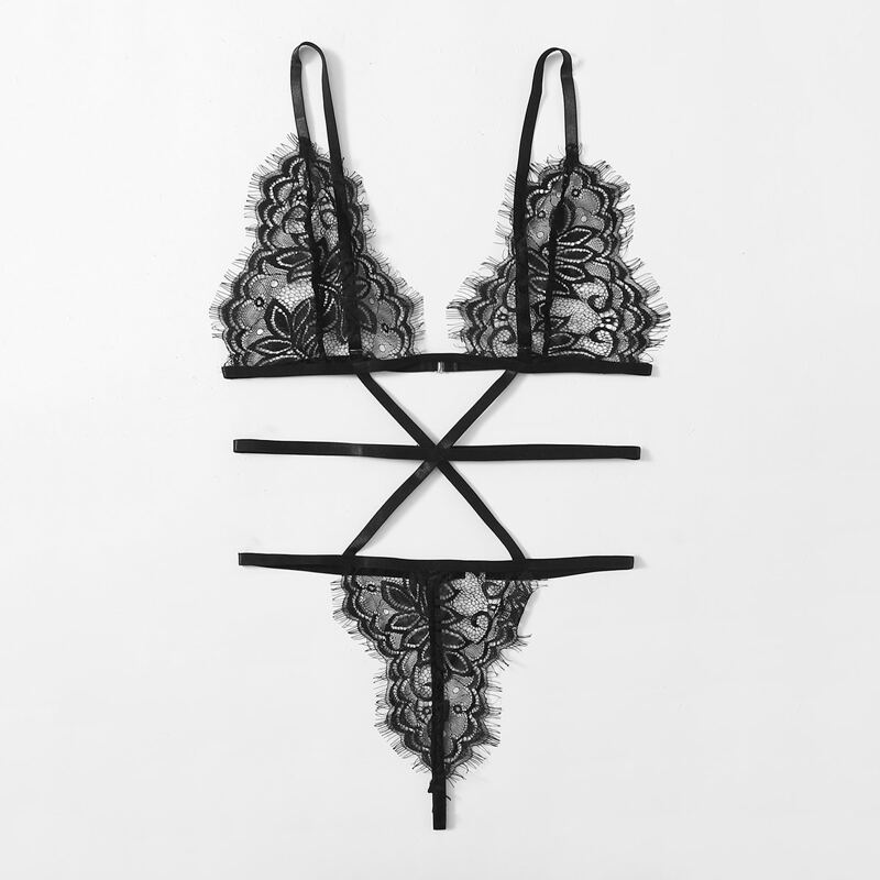 

Eyelash Lace Teddy Bodysuit, Black