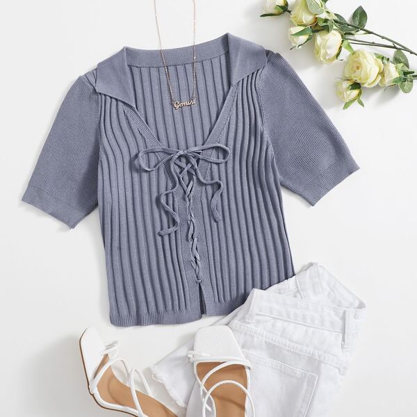 

Lace Up Knot Rib-knit Crop Top, Blue