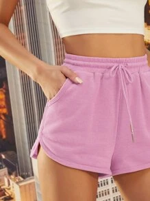 SHEIN EZwear Drawstring High-Rise Dolphin Shorts - Pink - View 3