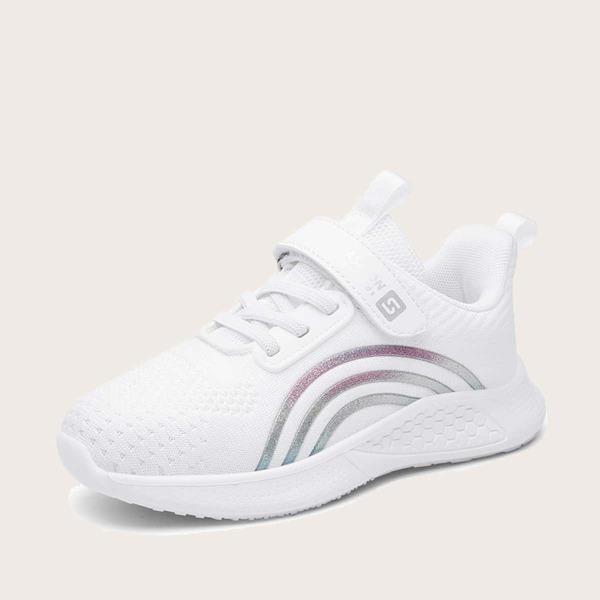 

Girls Glitter Striped Decor Velcro Strap Sneakers, White