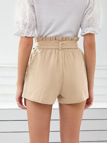 SHEIN Frenchy 紙袋型斜口袋腰帶短褲 - 卡其色 - 查看 2