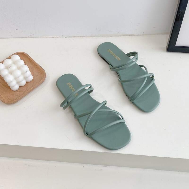 

Solid Skinny Strap Slide Sandals, Green